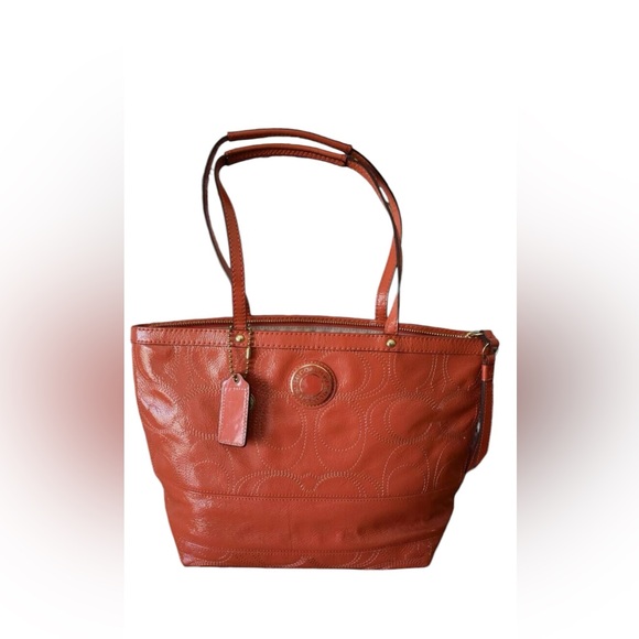 Coach Tangerine Embossed Leather Tote - Picture 3 of 14